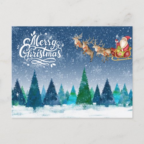 Merry Christmas Snow Forest and Santa in Sleigh Holiday Postcard