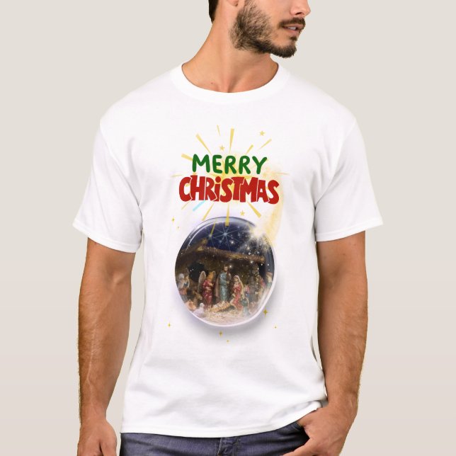 Merry Christmas Snow Globe Design T-Shirt (Front)