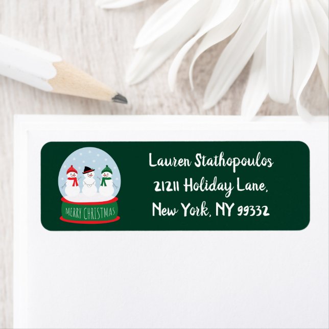 Merry Christmas Snow Globe Snowmen Label (Insitu)