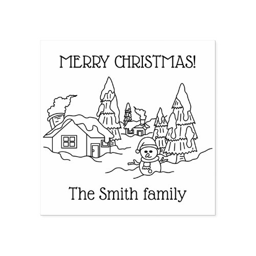 Merry Christmas Snow Landscape Doodle Custom Name Rubber Stamp
