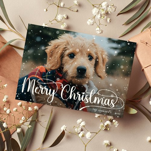 Merry Christmas Snow Overlay Photo Holiday Card