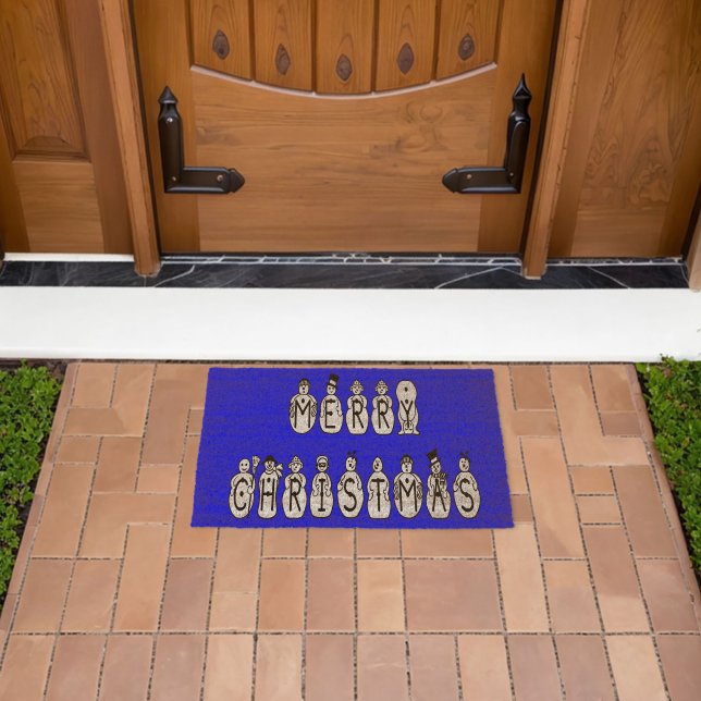 Merry Christmas Snow People Font Blue Coir Fiber Doormat (Insitu (Outdoor))