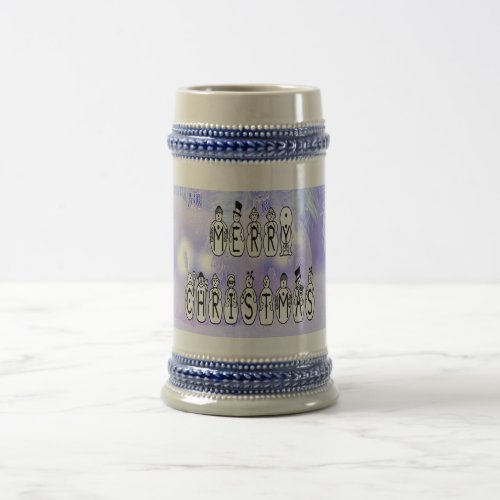 Merry Christmas Snow People Font Blue Tint Snow Beer Stein