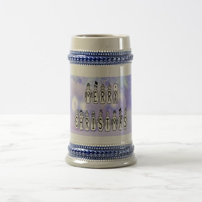 Merry Christmas Snow People Font, Blue Tint Snow Beer Stein (Center)