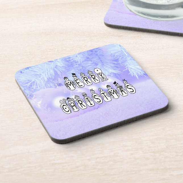 Merry Christmas Snow People Font, Blue Tint Snow Beverage Coaster (Left Side)