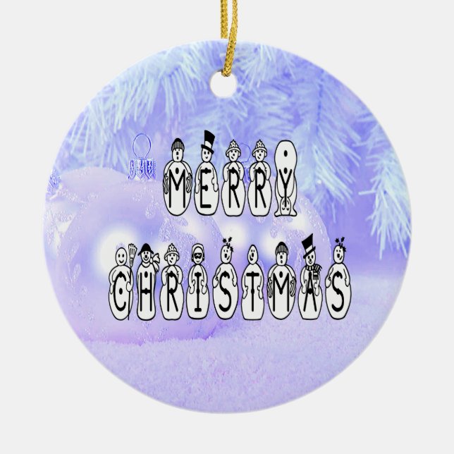 Merry Christmas Snow People Font, Blue Tint Snow Ceramic Ornament (Front)