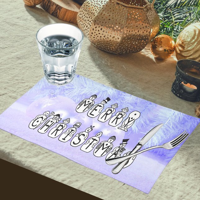 Merry Christmas Snow People Font, Blue Tint Snow Cloth Placemat (Merry Christmas Snow People Font, Blue Tint Snow Cloth Placemat)