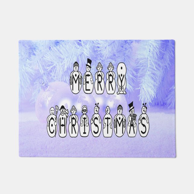 Merry Christmas Snow People Font, Blue Tint Snow Doormat (Front)