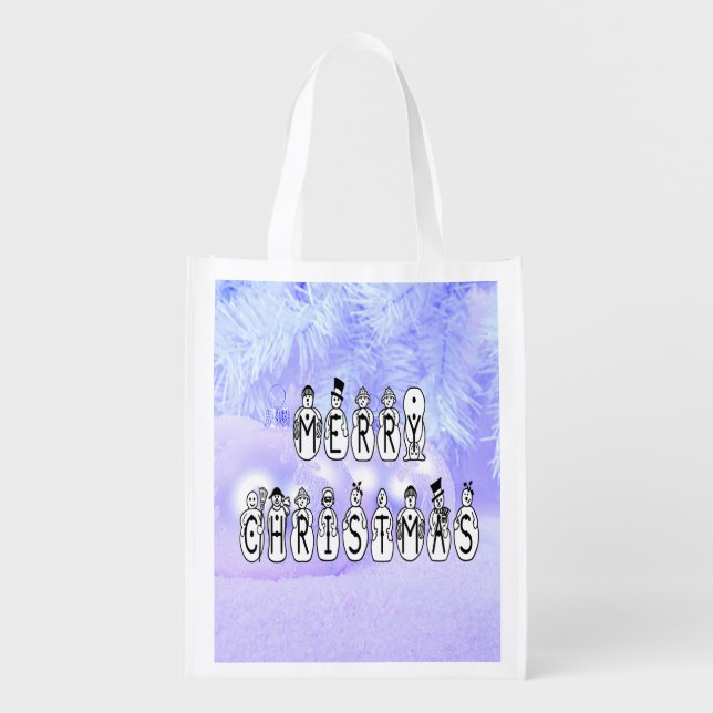 Merry Christmas Snow People Font, Blue Tint Snow Grocery Bag (Front)