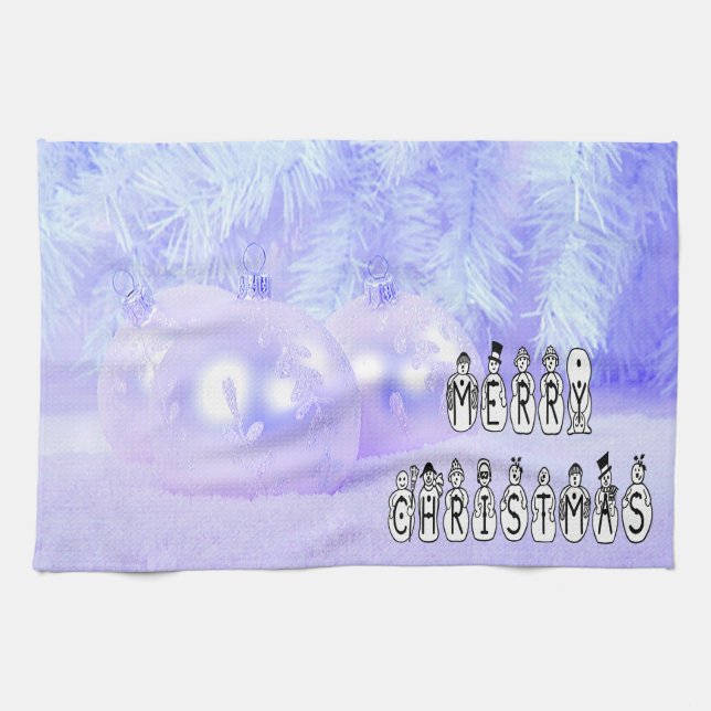 Merry Christmas Snow People Font, Blue Tint Snow Kitchen Towel (Horizontal)