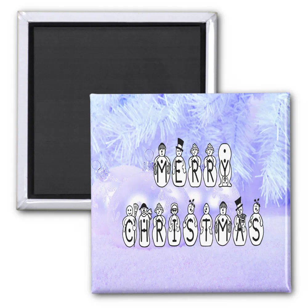 Merry Christmas Snow People Font, Blue Tint Snow Magnet