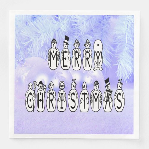 Merry Christmas Snow People Font Blue Tint Snow Paper Dinner Napkins