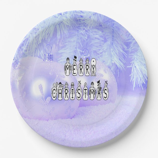 Merry Christmas Snow People Font, Blue Tint Snow Paper Plates (Front)
