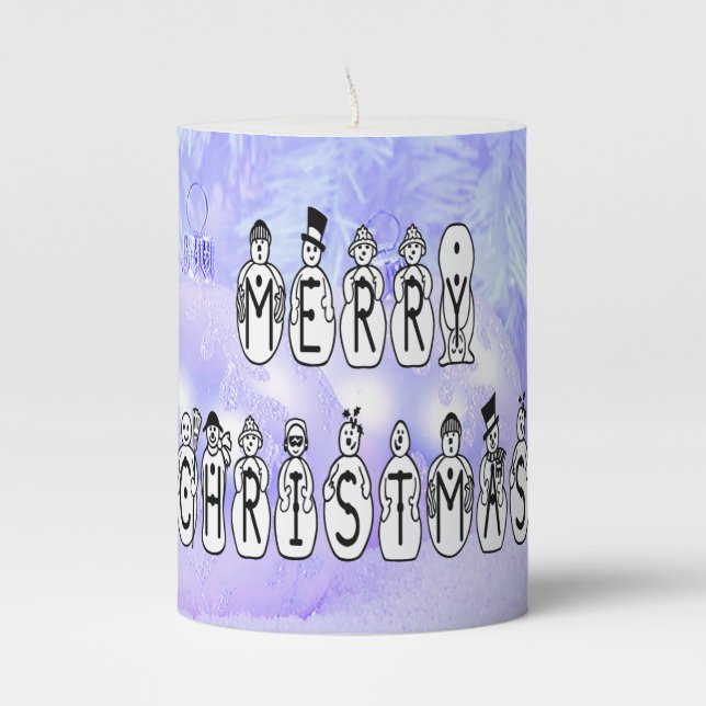 Merry Christmas Snow People Font, Blue Tint Snow Pillar Candle (Front)