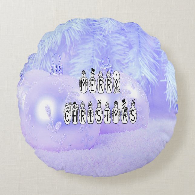 Merry Christmas Snow People Font, Blue Tint Snow Round Pillow (Front)