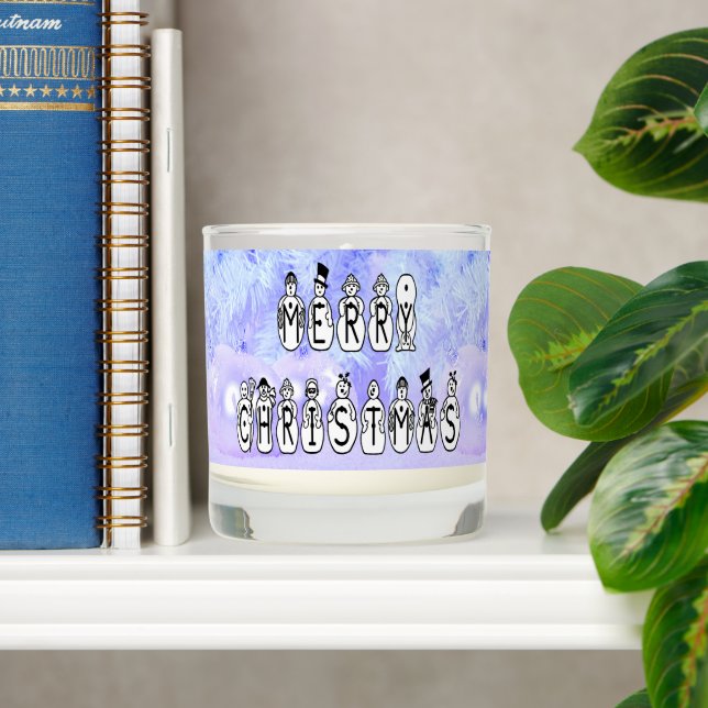 Merry Christmas Snow People Font Blue Tint Snow Scented Candle (Shelf)