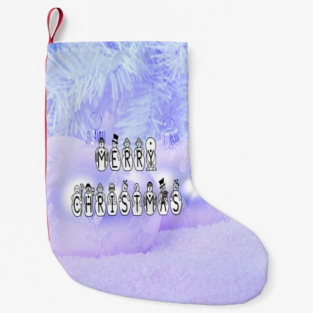 Merry Christmas Snow People Font, Blue Tint Snow Small Christmas Stocking (Front)