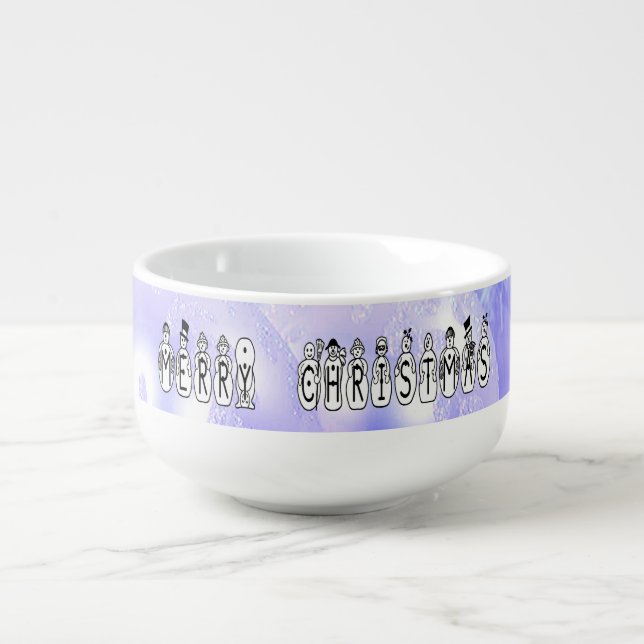 Merry Christmas Snow People Font, Blue Tint Snow Soup Mug (Front)
