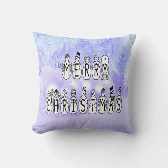 Merry Christmas Snow People Font, Blue Tint Snow Throw Pillow (Front)