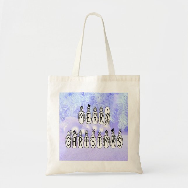 Merry Christmas Snow People Font, Blue Tint Snow Tote Bag (Front)