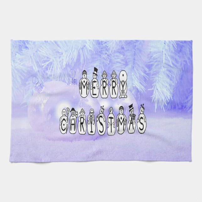 Merry Christmas Snow People Font, Blue Tint Snow Towel (Horizontal)