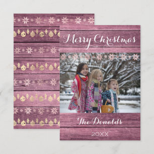 Merry Christmas Snow Pink Gray Wood Photo Cottage Invitation