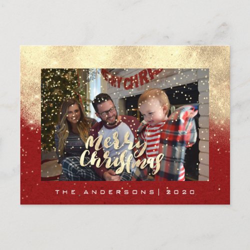 Merry Christmas Snow Red Gold Photo Glitter Spark Postcard