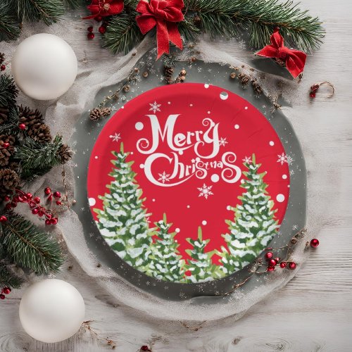 Merry Christmas Snow Trees Christmas Paper Plate