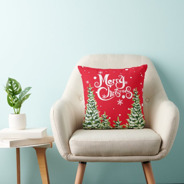 Merry Christmas Snow Trees Christmas Throw Pillow (Chair)