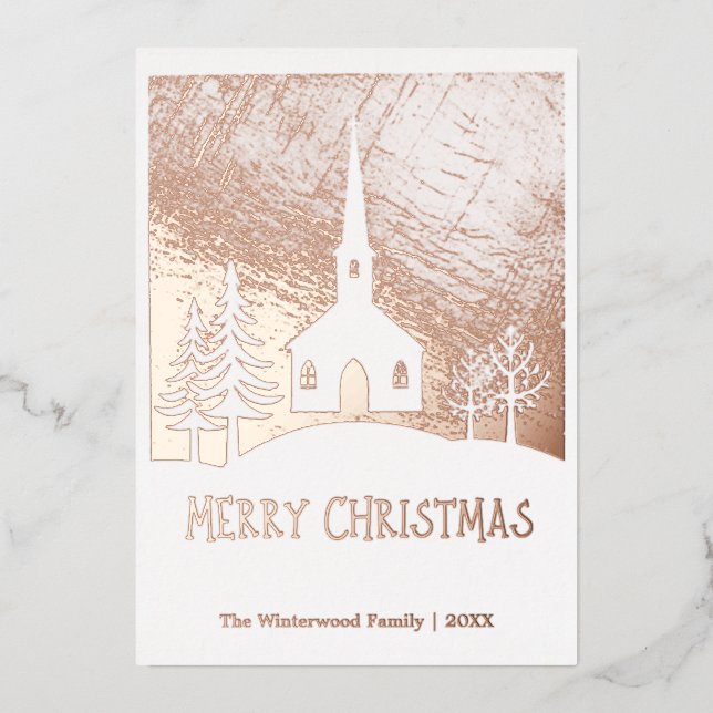 Merry Christmas Snow Winter Church Personalized Foil Holiday Card (Front)