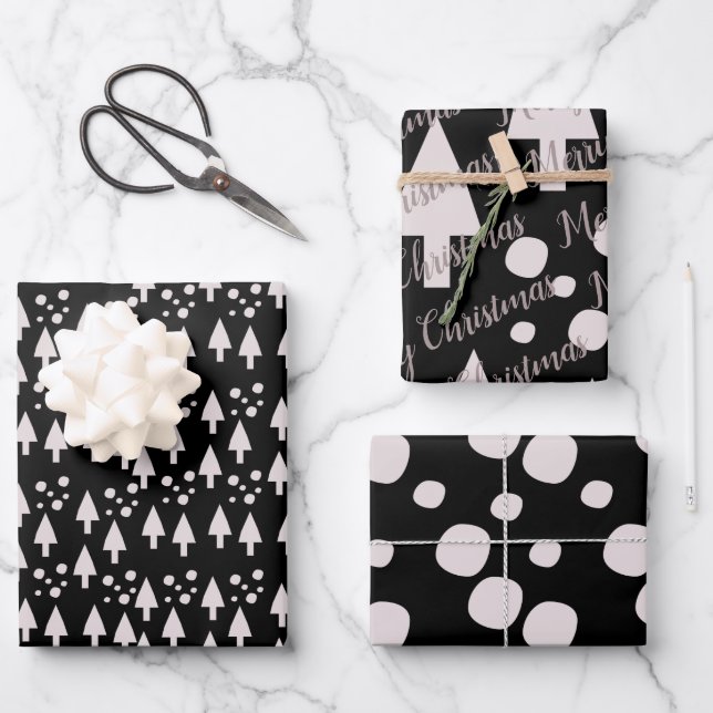 Merry Christmas Snowballs Trees Black Pink Pattern Wrapping Paper Sheets (Front)