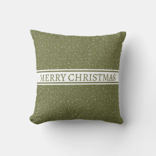 Merry Christmas Snowfall Pattern on Green Holiday Throw Pillow