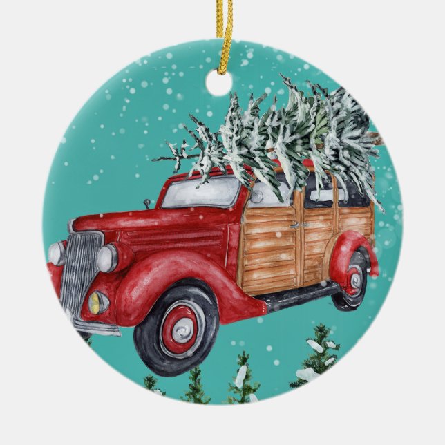 Merry Christmas Snowfall Tree Van Ceramic Ornament (Front)