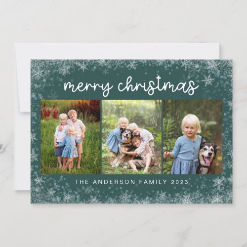Merry Christmas Snowflake  3 Photo Collage Holiday Card