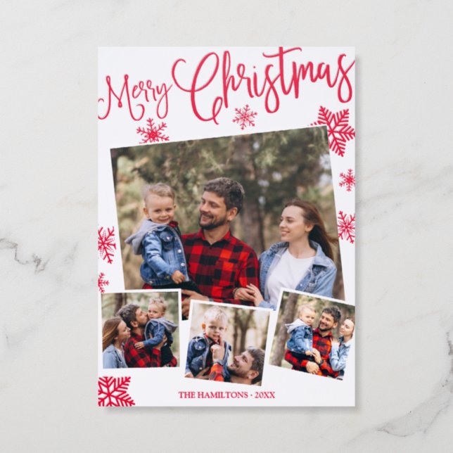 Merry Christmas Snowflake 4 Photos Letterpress Photo Cards (Front)