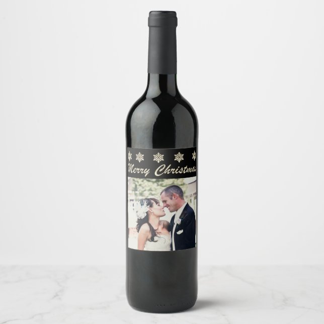 Merry Christmas Snowflake Custom Photo Wine Labels (Front)