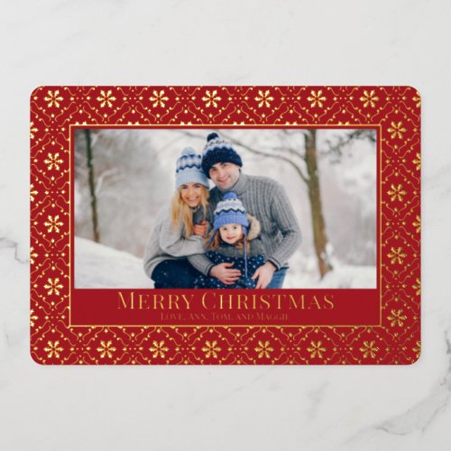 Merry Christmas Snowflake Elegant Red 1 Photo Foil Holiday Card
