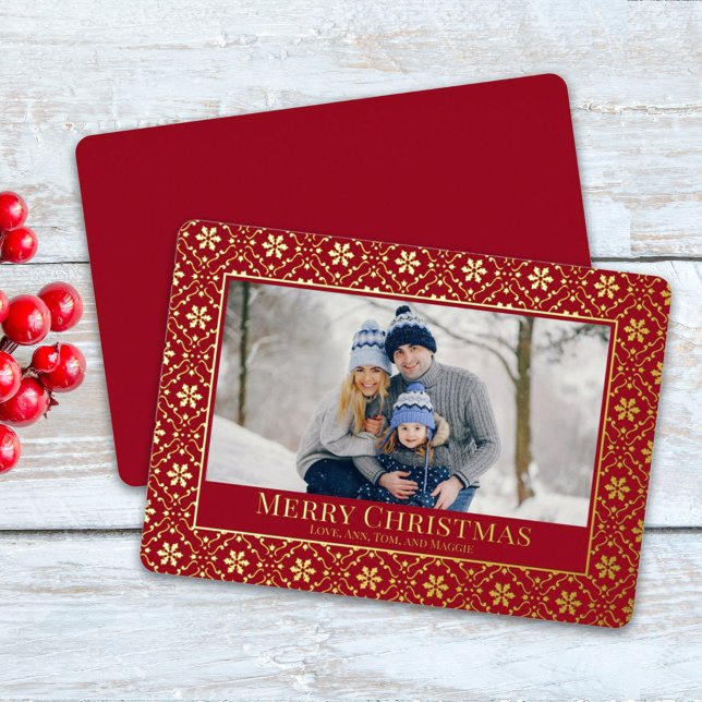 Merry Christmas Snowflake Elegant Red 1 Photo Foil Holiday Card (Creator Uploaded)