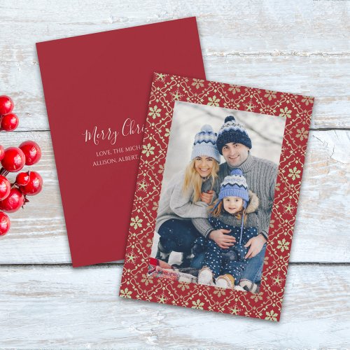Merry Christmas Snowflake Elegant Red 1 Photo Holiday Card