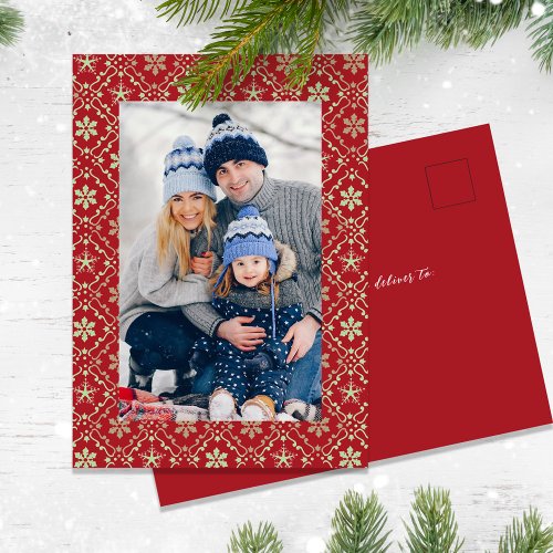 Merry Christmas Snowflake Elegant Red 1 Photo Holiday Postcard