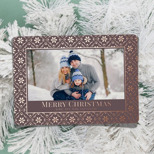 Merry Christmas Snowflake Elegant Rose Gold Photo  Foil Holiday Card