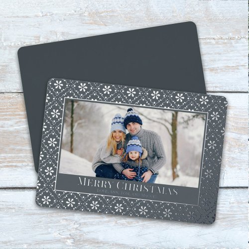 Merry Christmas Snowflake Elegant Silver 1 Photo Foil Holiday Card