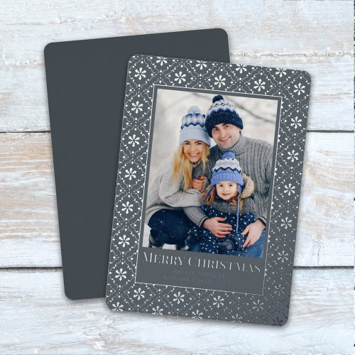 Merry Christmas Snowflake Elegant Silver 1 Photo Foil Holiday Card