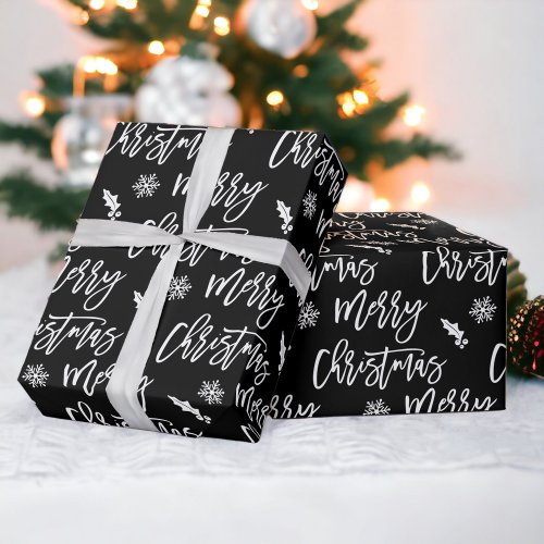 Merry Christmas snowflake mistletoe black pattern Wrapping Paper