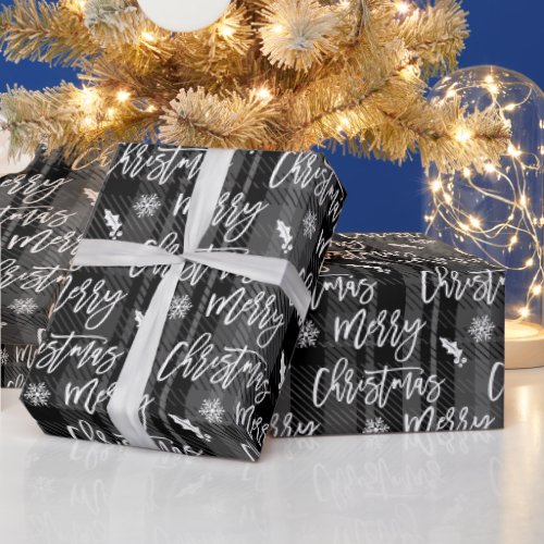 Merry Christmas snowflake mistletoe black plaid Wrapping Paper