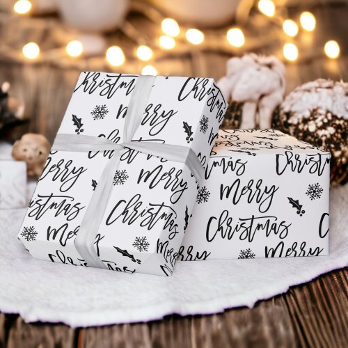 Merry Christmas snowflake mistletoe black white Wrapping Paper