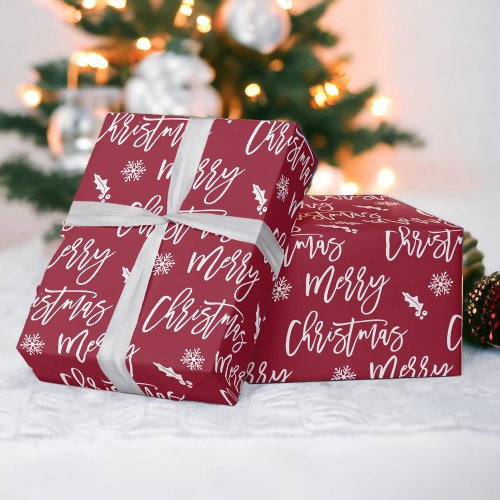 Merry Christmas snowflake mistletoe red pattern Wrapping Paper