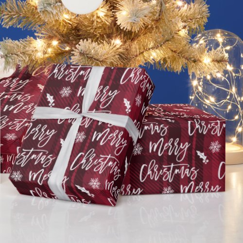 Merry Christmas snowflake mistletoe red plaid Wrapping Paper