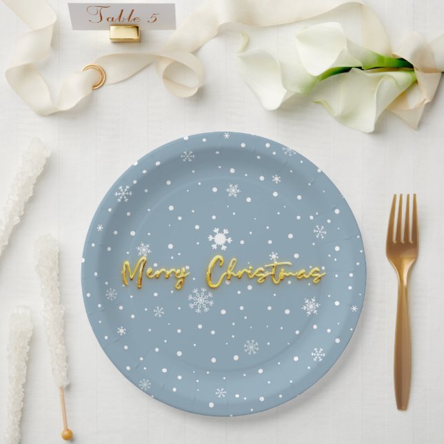 Merry Christmas Snowflake Modern Pastel Blue Paper Plates (Wedding)