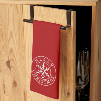 Merry Christmas Snowflake on Bright Red Kitchen Towel